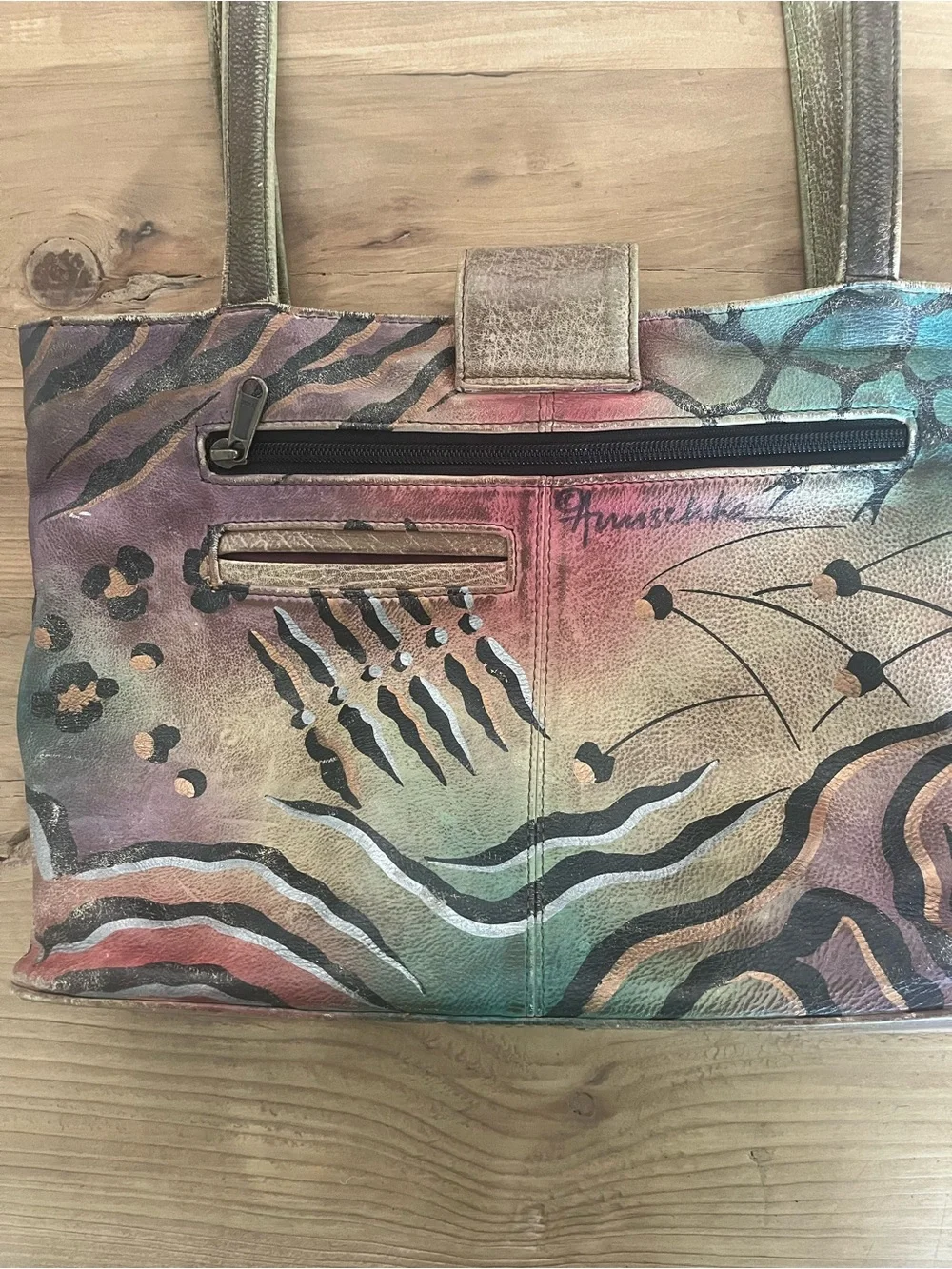 Anuschka Hand-Painted Authentic Leather Bag Tiger Stripes + Leopard Spots Y2K